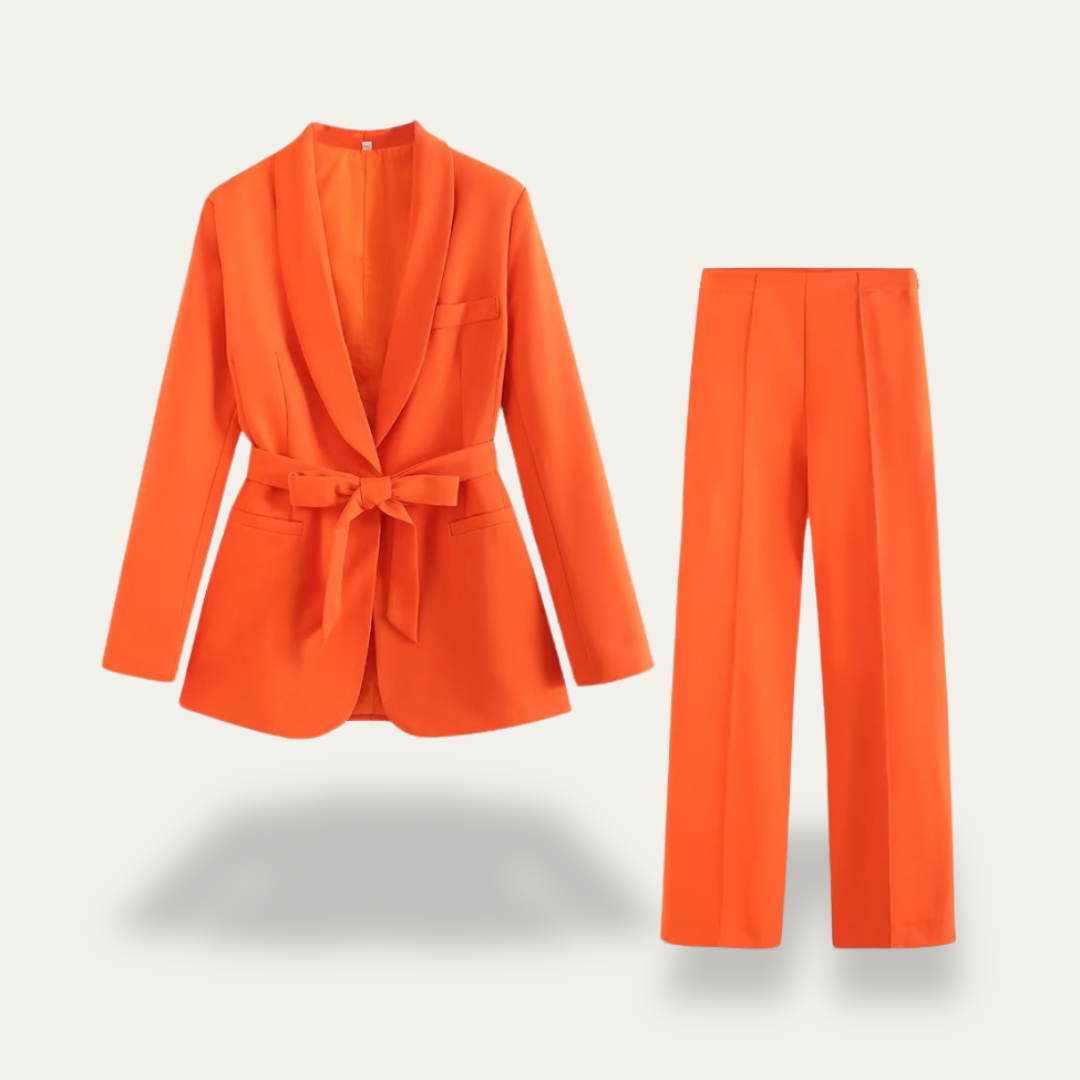 Damen Blazer mit Gürtel und Weitbein-Hosen, Zweiteiliges Set