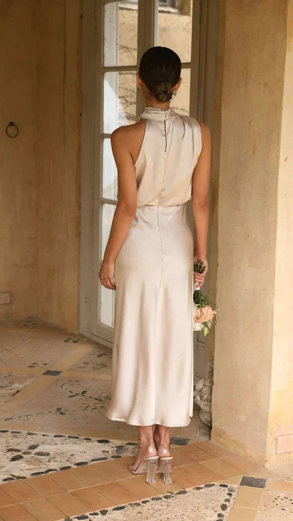 Damen Elegantes Midi-Kleid mit Neckholder und Drapiertem Ausschnitt