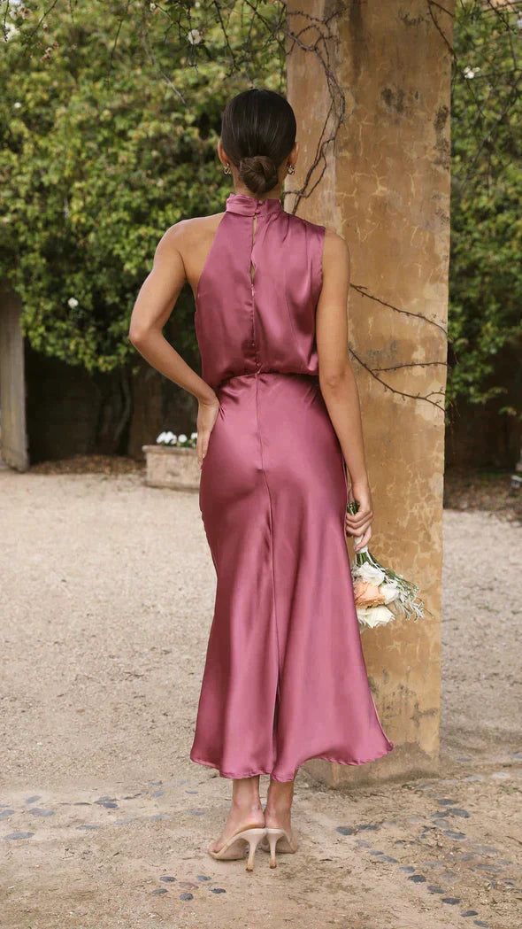 Damen Elegantes Midi-Kleid mit Neckholder und Drapiertem Ausschnitt