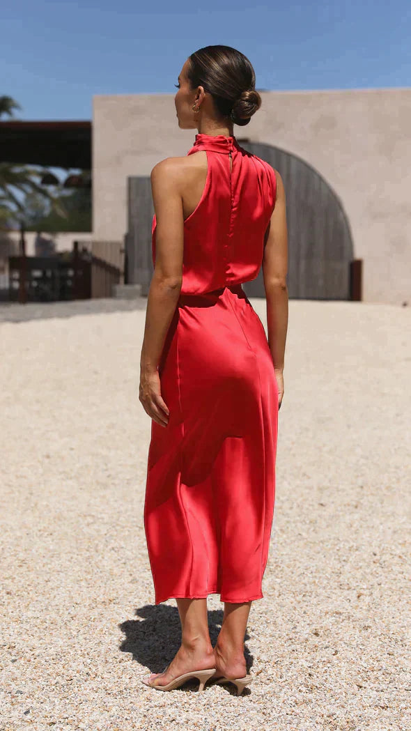 Damen Elegantes Midi-Kleid mit Neckholder und Drapiertem Ausschnitt