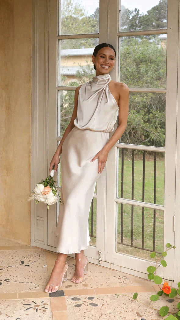 Damen Elegantes Midi-Kleid mit Neckholder und Drapiertem Ausschnitt