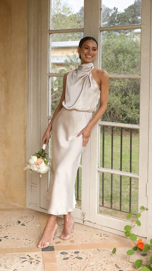 Damen Elegantes Midi-Kleid mit Neckholder und Drapiertem Ausschnitt