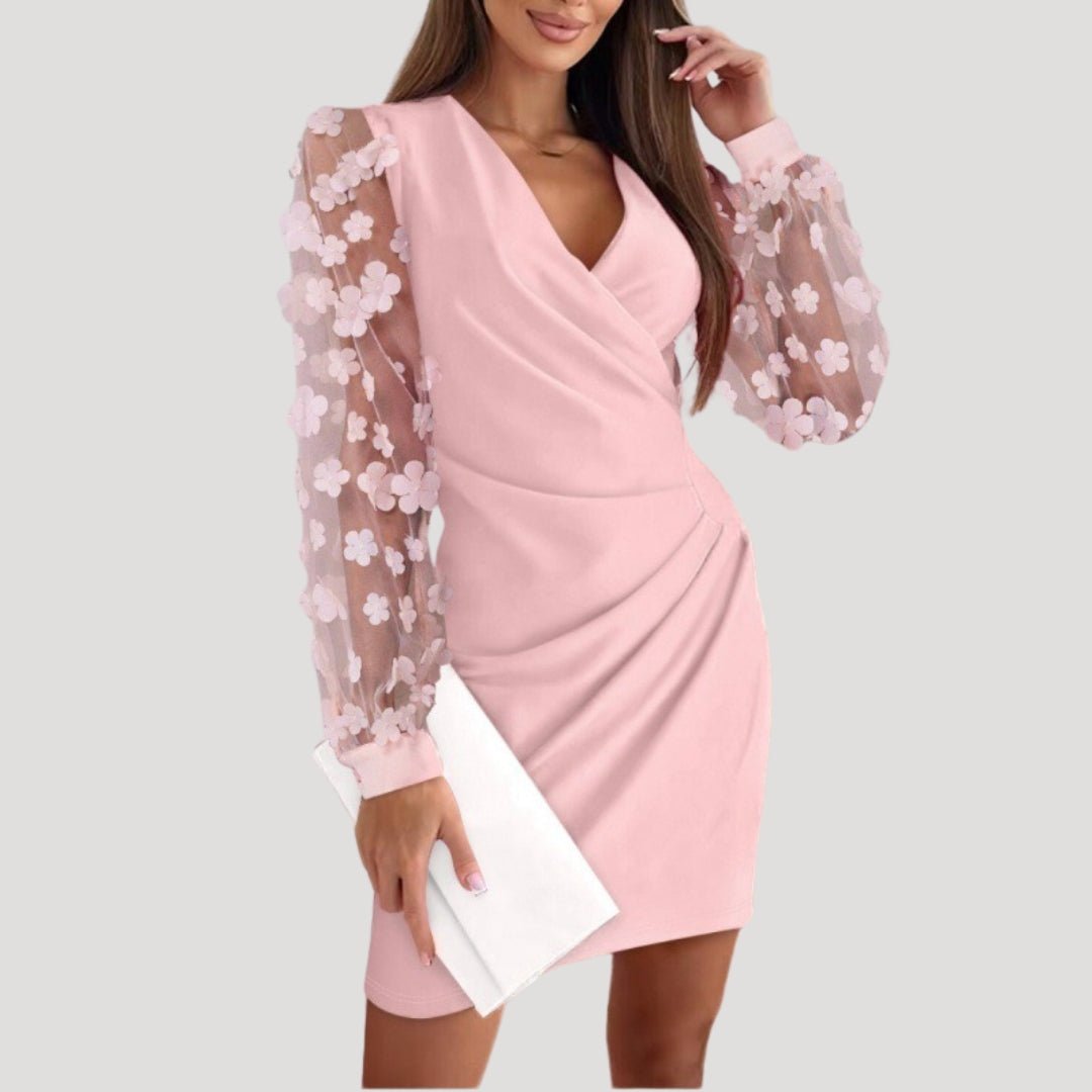 Damen Mini-Wickelkleid mit Transparenten Ärmeln und V-Ausschnitt