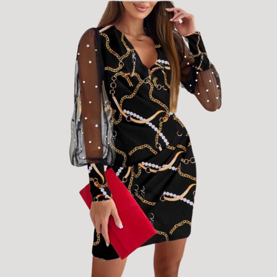 Damen Mini-Wickelkleid mit Transparenten Ärmeln und V-Ausschnitt