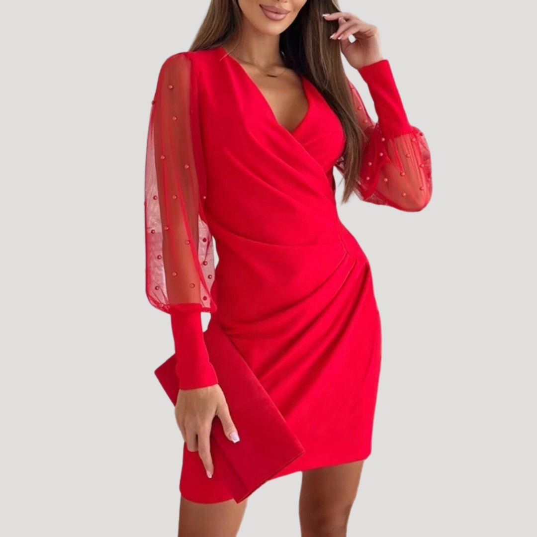Damen Mini-Wickelkleid mit Transparenten Ärmeln und V-Ausschnitt