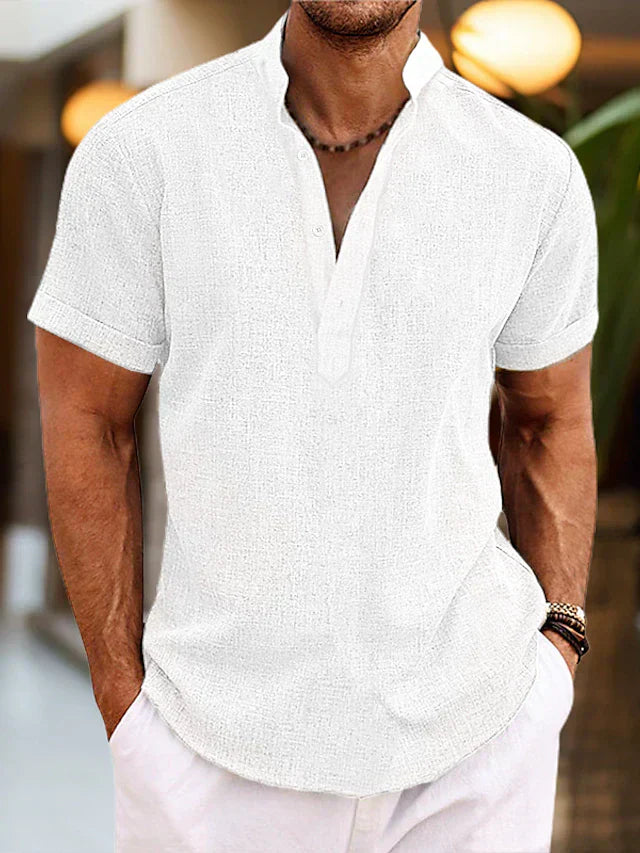 Camisa de lino Silas para hombre - Camisa de verano transpirable con cuello henley y manga corta