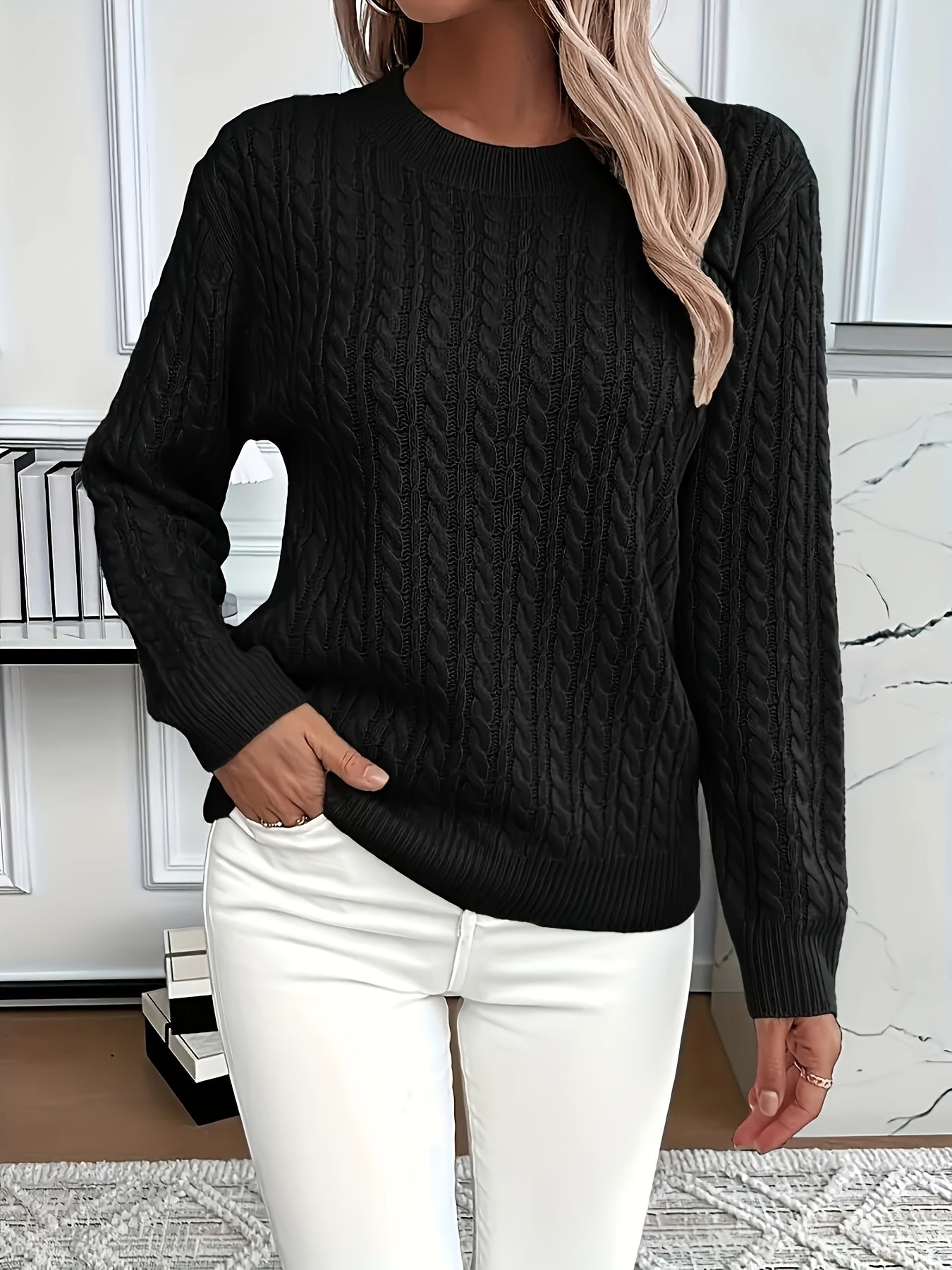 Pull en maille avec motif torsadé pour femme - Pull doux et élégant pour le printemps et l'automne