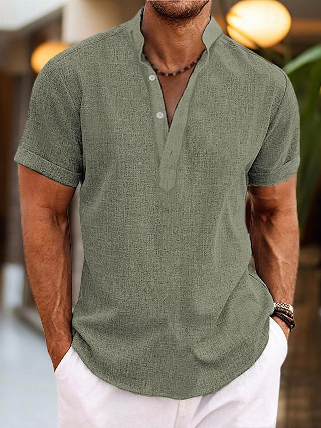 Camisa de lino Silas para hombre - Camisa de verano transpirable con cuello henley y manga corta