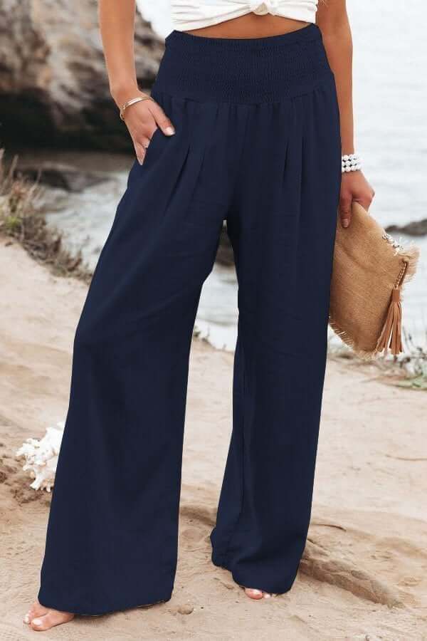 Calça lino breezeflow feminino cintura elástica perna de vento verão 2025