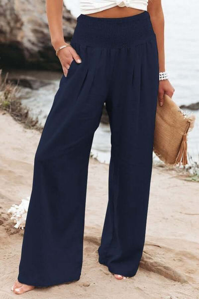 Calça lino breezeflow feminino cintura elástica perna de vento verão 2025