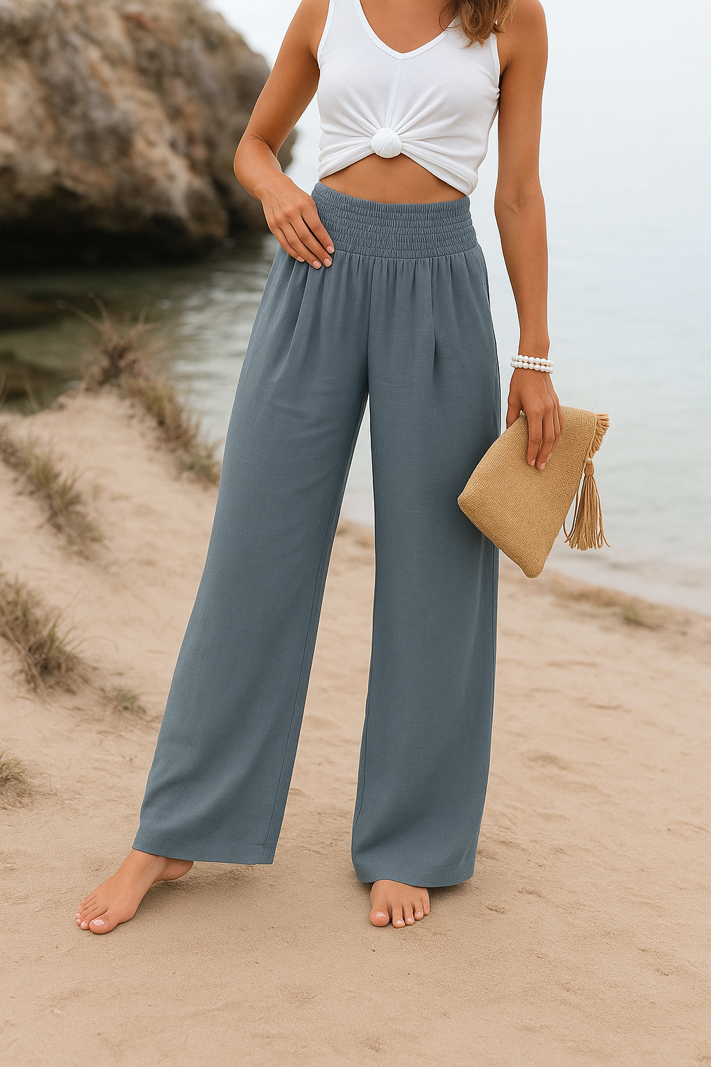Calça larga mulher feminina de verão tecido confortável cintura elástica