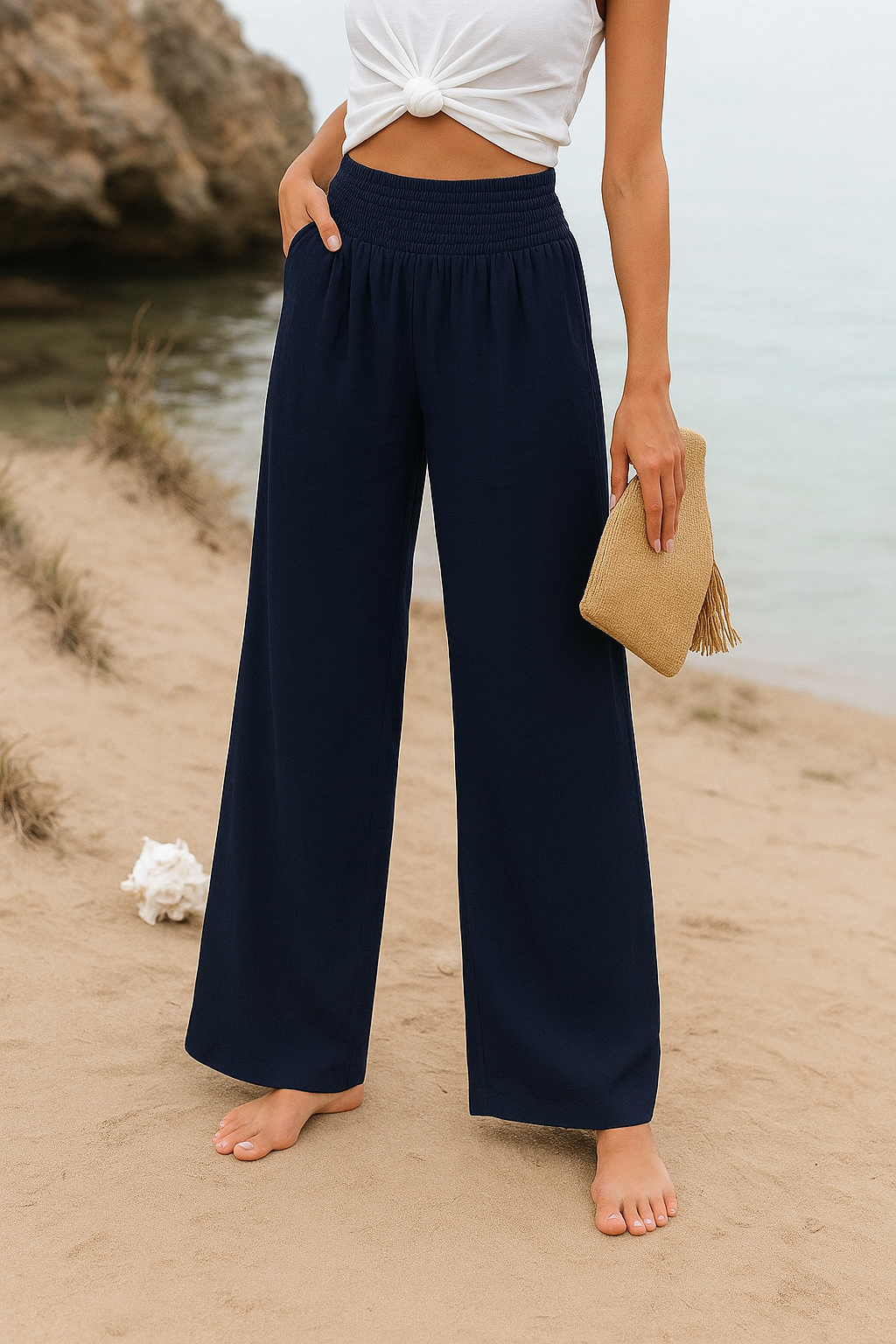 Calça larga mulher feminina de verão tecido confortável cintura elástica