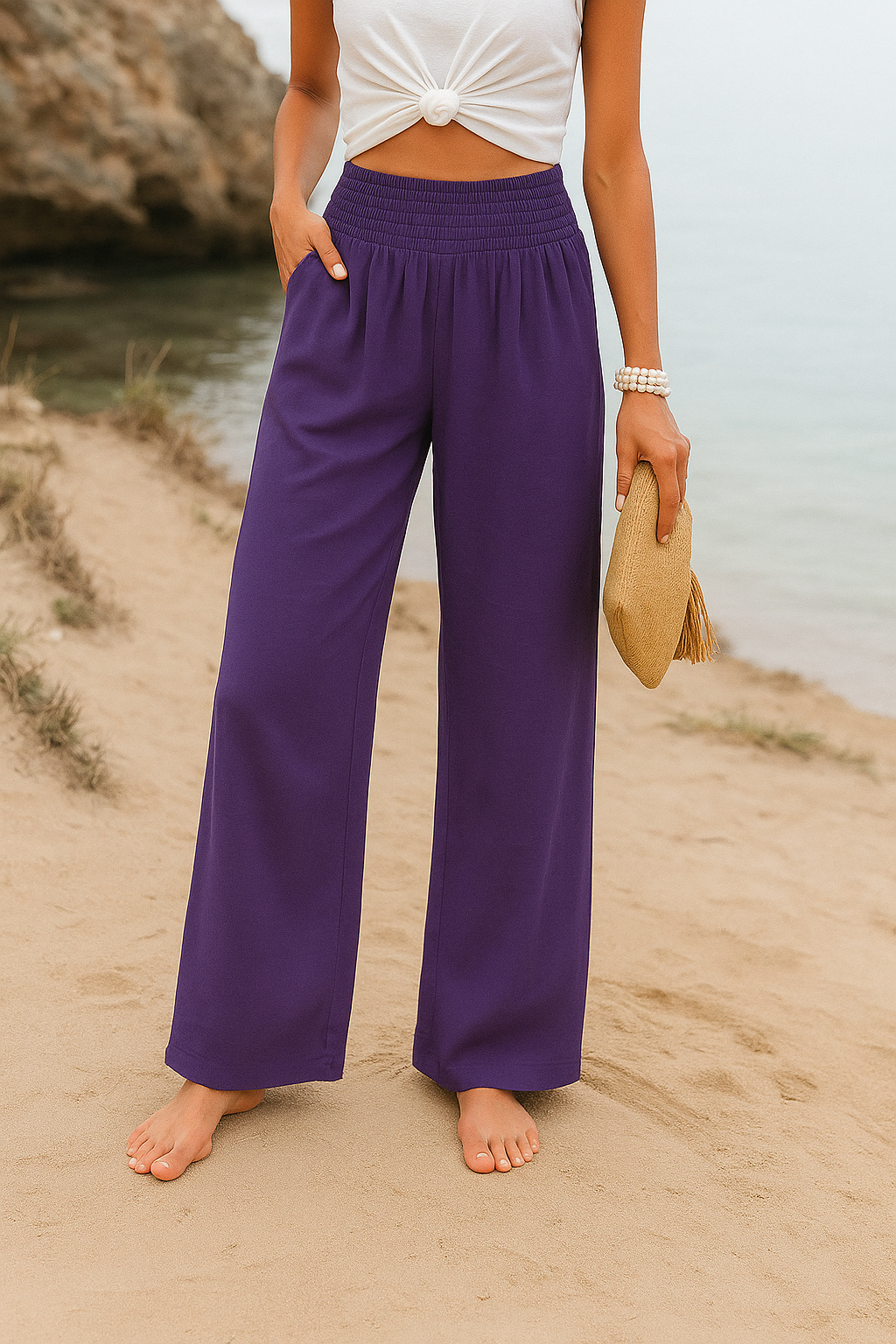Calça larga mulher feminina de verão tecido confortável cintura elástica