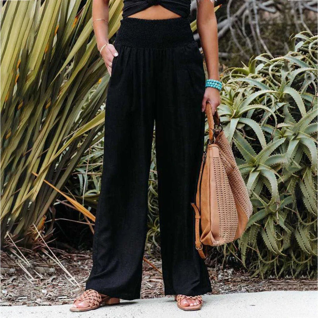 Calça larga mulher feminina de verão tecido confortável cintura elástica