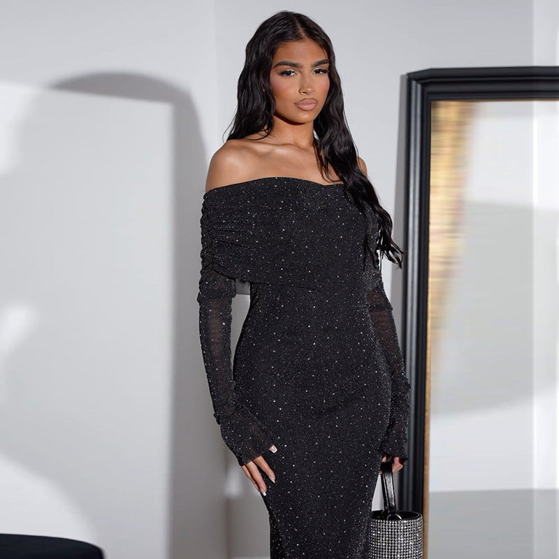 Liz - vestido feminino com ombros e lantejoulas descobertas