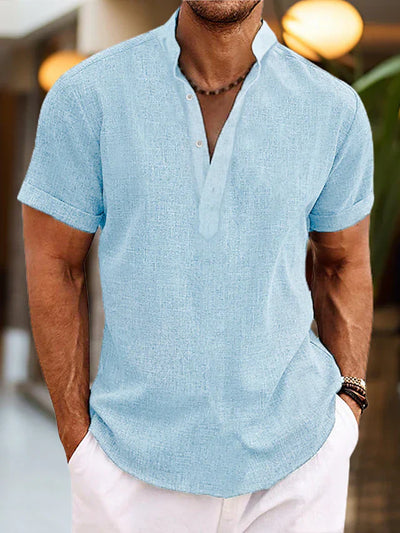 Camisa de lino Silas para hombre - Camisa de verano transpirable con cuello henley y manga corta