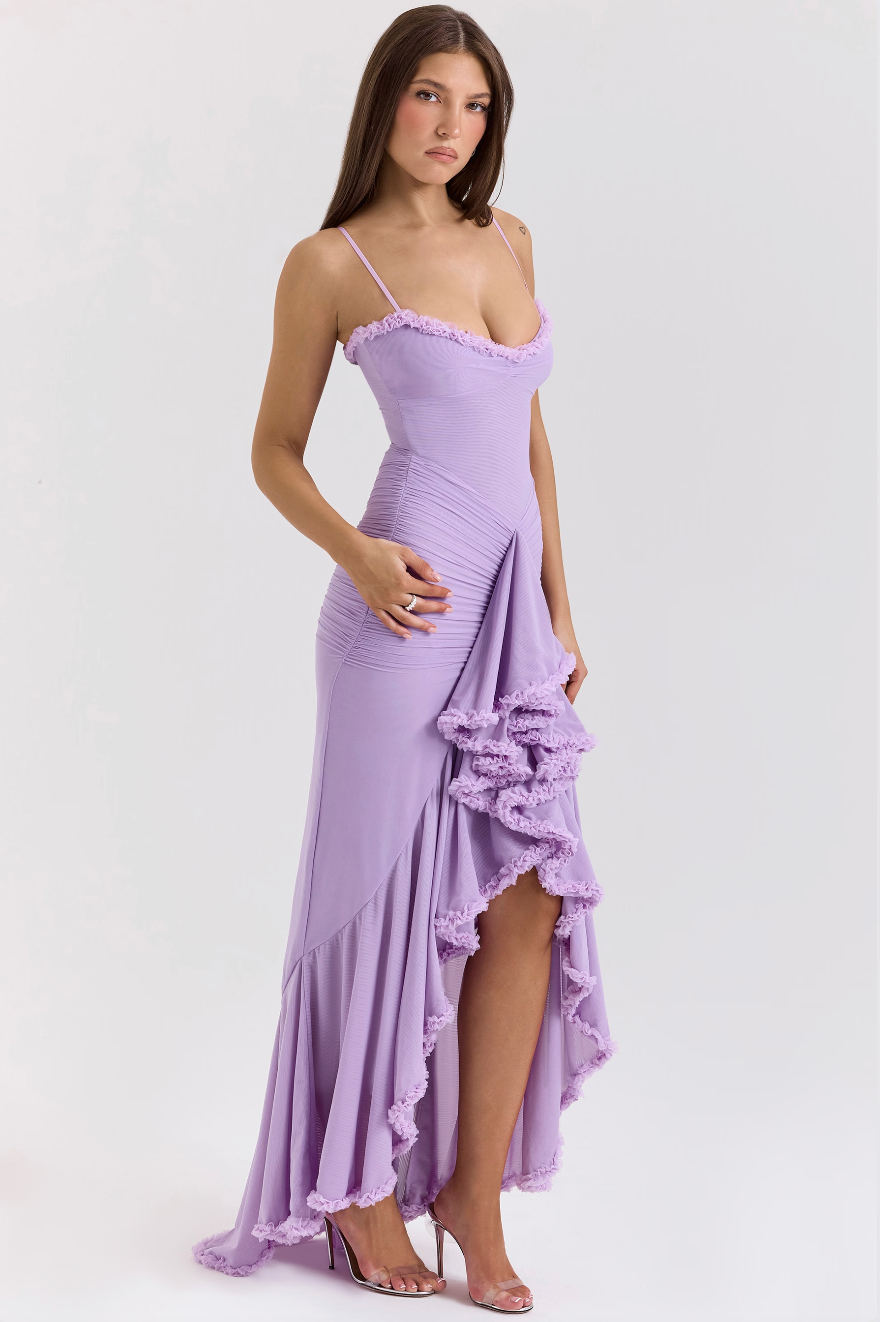 Damen Maxikleid | Spaghetti-Träger & Rüschendetail | Transparente Lagen | Hochzeit & Party
