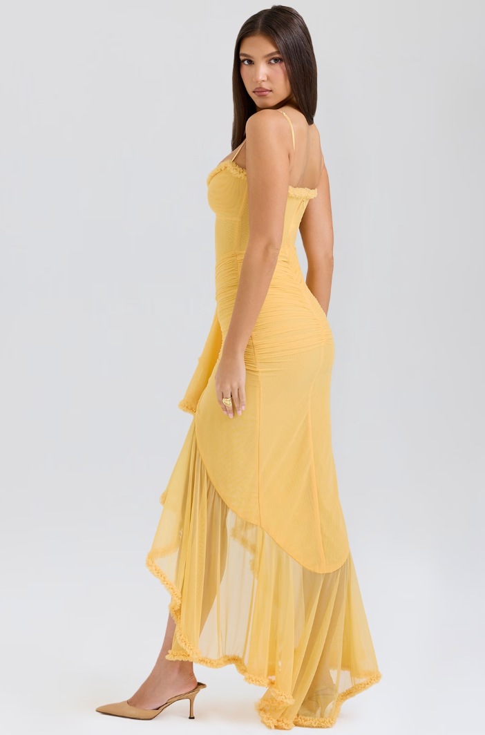 Damen Maxikleid | Spaghetti-Träger & Rüschendetail | Transparente Lagen | Hochzeit & Party