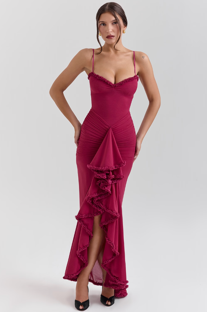 Damen Maxikleid | Spaghetti-Träger & Rüschendetail | Transparente Lagen | Hochzeit & Party