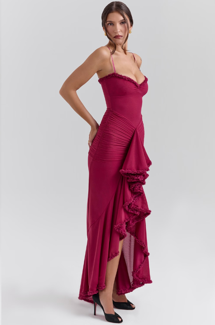 Damen Maxikleid | Spaghetti-Träger & Rüschendetail | Transparente Lagen | Hochzeit & Party