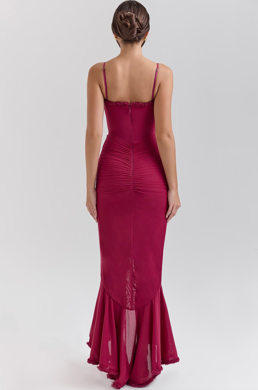 Damen Maxikleid | Spaghetti-Träger & Rüschendetail | Transparente Lagen | Hochzeit & Party