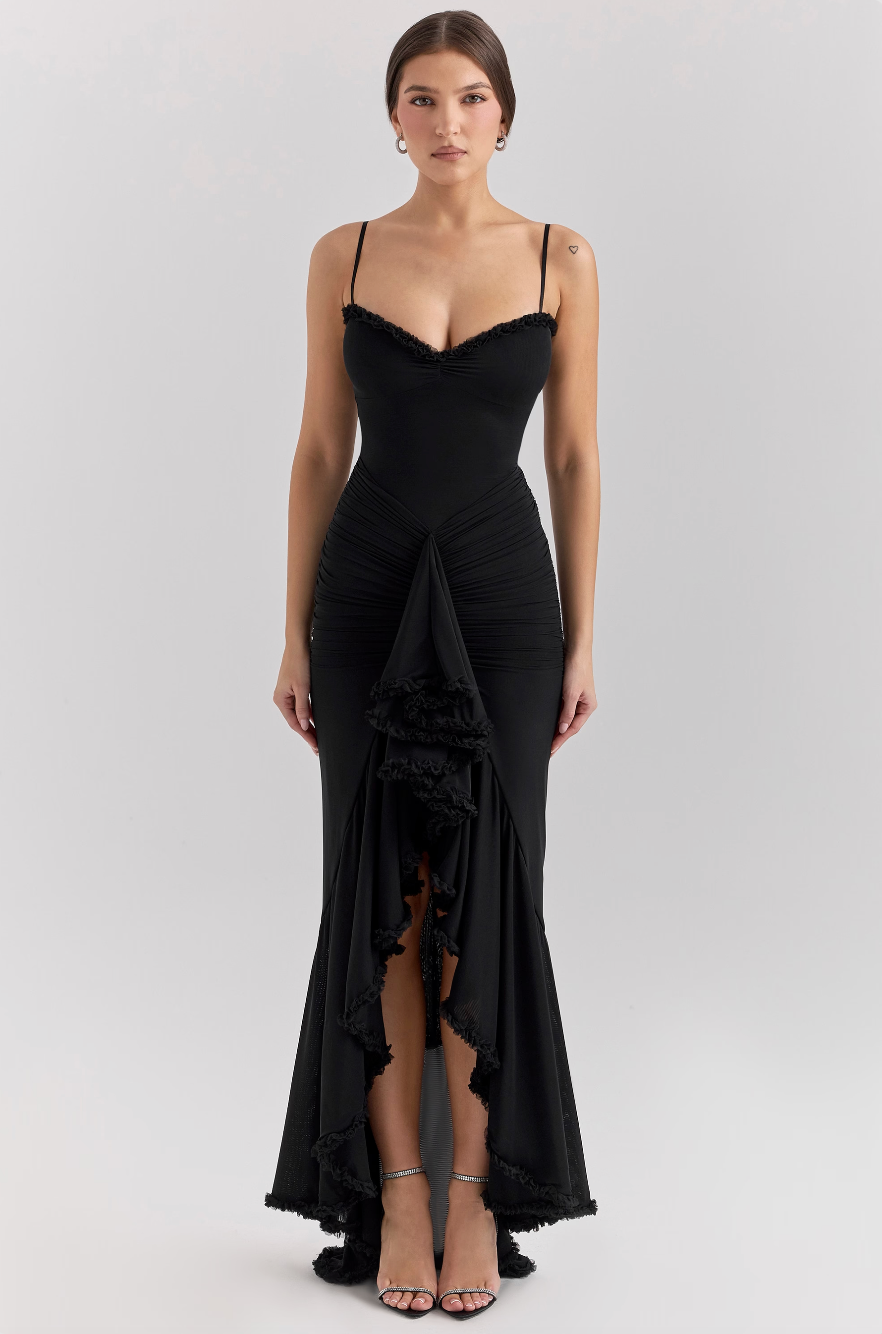 Damen Maxikleid | Spaghetti-Träger & Rüschendetail | Transparente Lagen | Hochzeit & Party