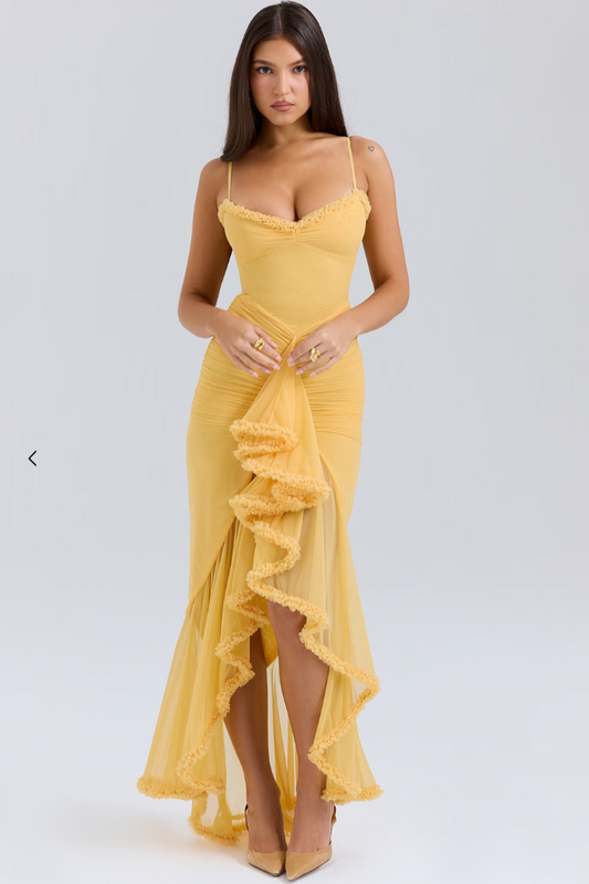 Damen Maxikleid | Spaghetti-Träger & Rüschendetail | Transparente Lagen | Hochzeit & Party