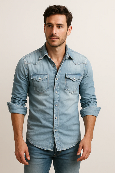 Camicia di denim a taglio aderente da uomo con manica lunga