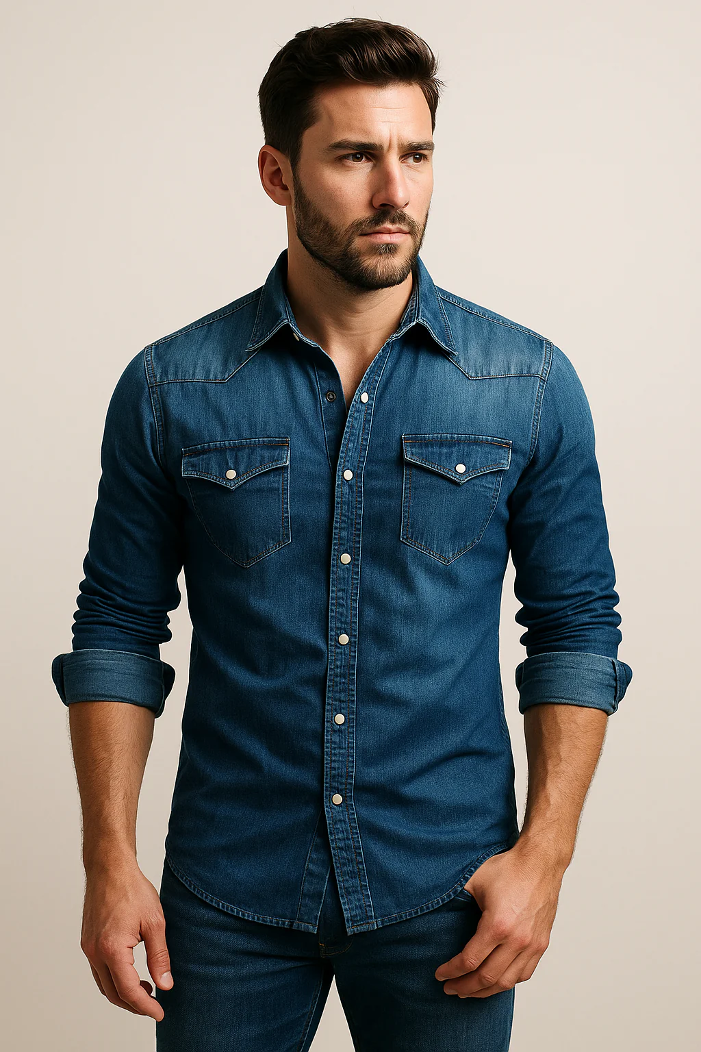 Camicia di denim a taglio aderente da uomo con manica lunga