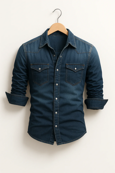 Camicia di denim a taglio aderente da uomo con manica lunga