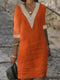 Vestido de linho elegante com decote em V e ornamentos de renda