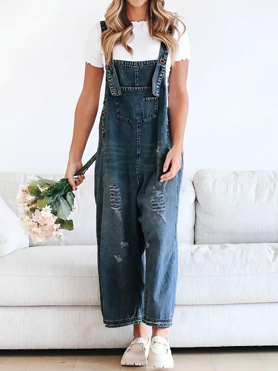 Weite Latzhose aus Jeans | Used-Effekt | Lässiger Vintage-Stil