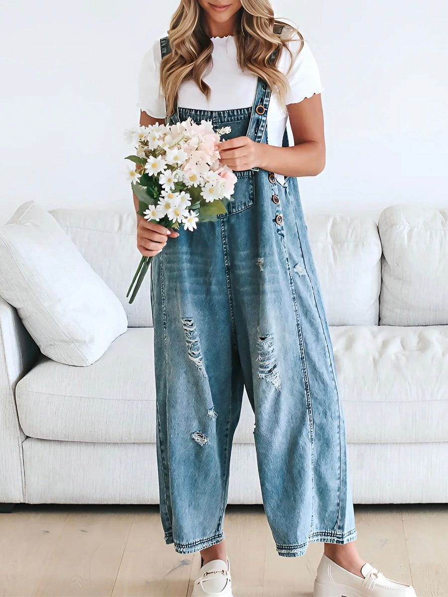 Weite Latzhose aus Jeans | Used-Effekt | Lässiger Vintage-Stil