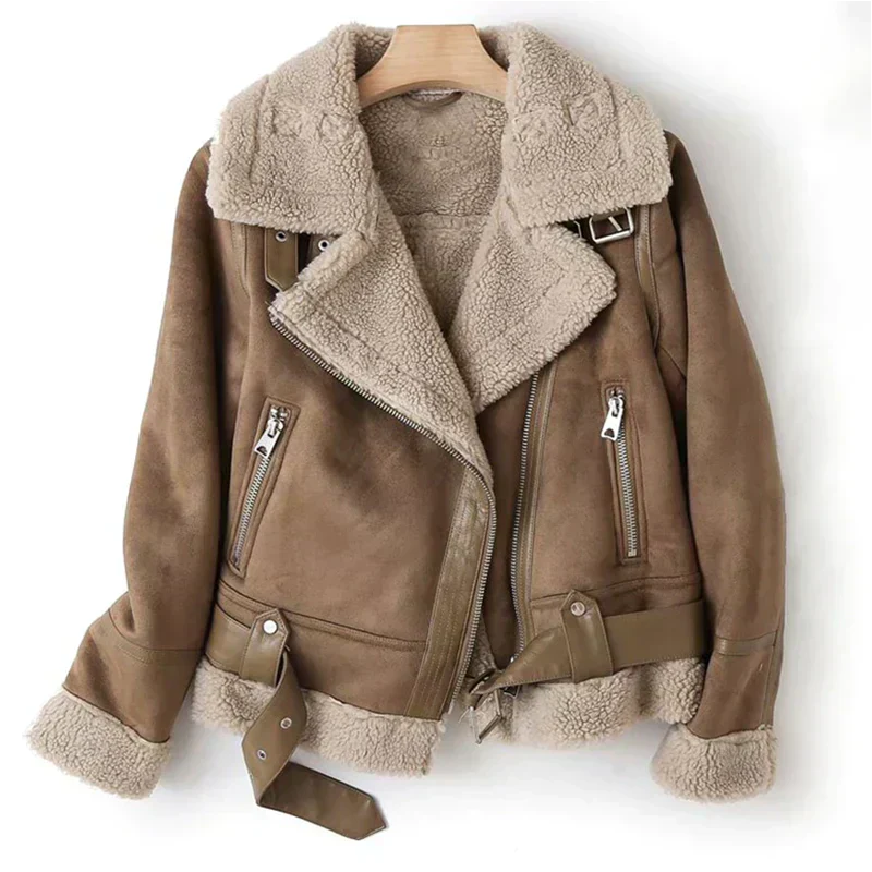 Damen Aviator Jacke mit Shearling Fronttaschen | Warme Winter Biker Jacke