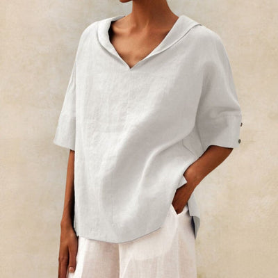Camisa de linho casual com pescoço de bico para mulheres - blusa de corte relaxado para todos os dias
