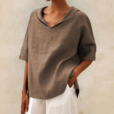 Camisa de linho casual com pescoço de bico para mulheres - blusa de corte relaxado para todos os dias