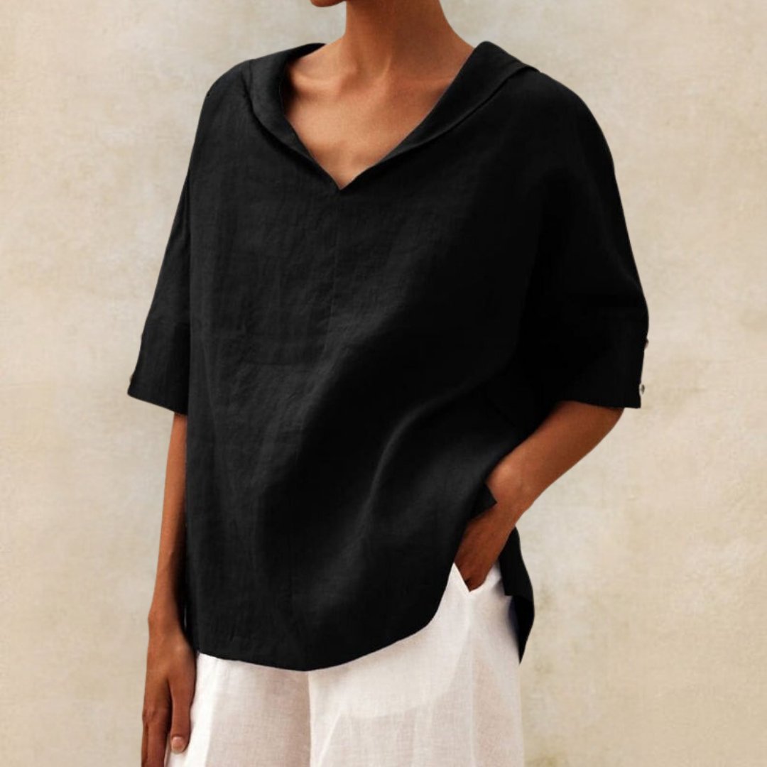 Camisa de linho casual com pescoço de bico para mulheres - blusa de corte relaxado para todos os dias