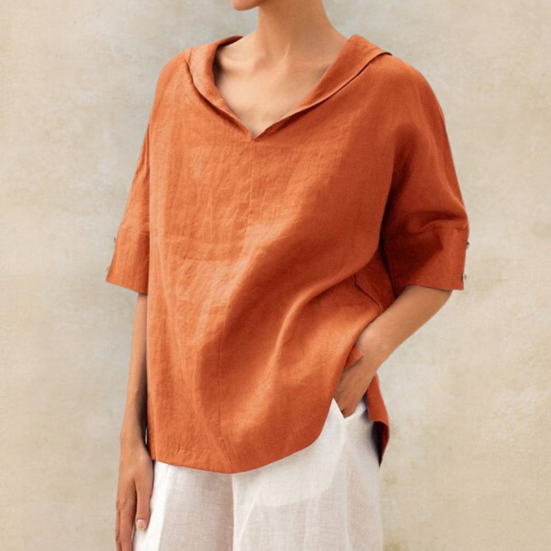 Camisa de linho casual com pescoço de bico para mulheres - blusa de corte relaxado para todos os dias