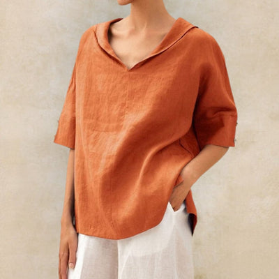 Camisa de linho casual com pescoço de bico para mulheres - blusa de corte relaxado para todos os dias