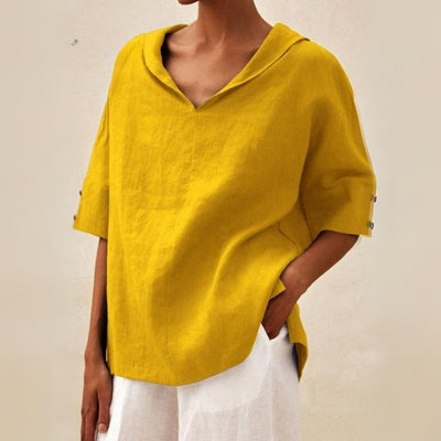 Camisa de linho casual com pescoço de bico para mulheres - blusa de corte relaxado para todos os dias