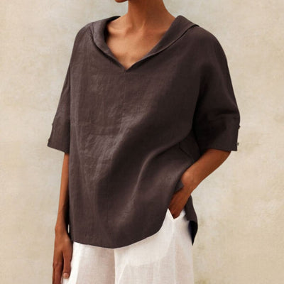 Camisa de linho casual com pescoço de bico para mulheres - blusa de corte relaxado para todos os dias