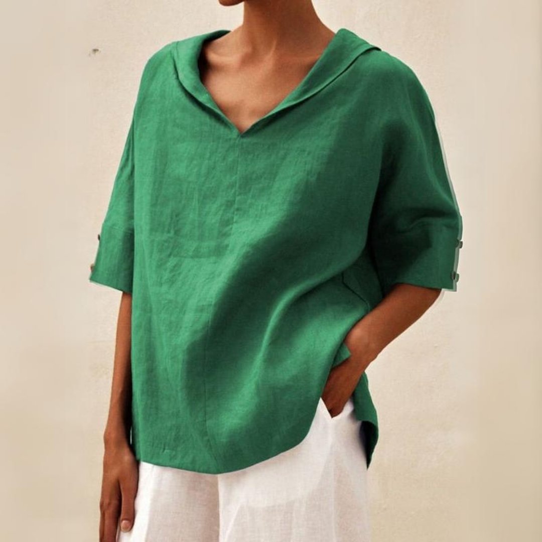 Camisa de linho casual com pescoço de bico para mulheres - blusa de corte relaxado para todos os dias