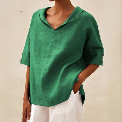 Camisa de linho casual com pescoço de bico para mulheres - blusa de corte relaxado para todos os dias
