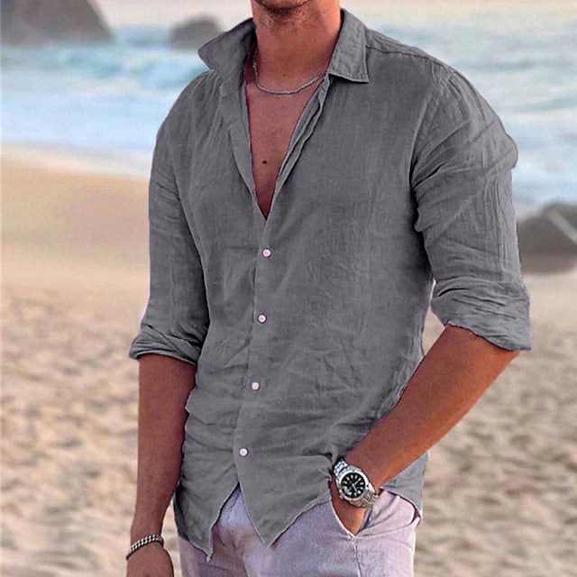 Camisa de linho com suspensão longa masculina - primavera, verão