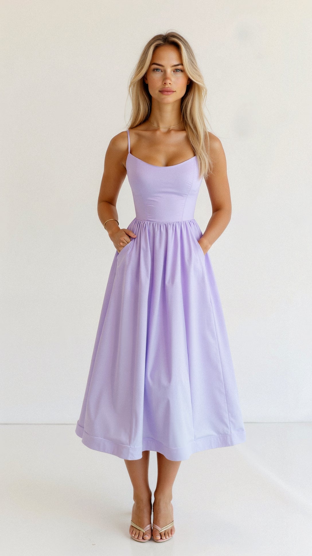 Damen Midikleid - A-Linie Silhouette - Spaghetti-Träger - Elegantes fließendes Design
