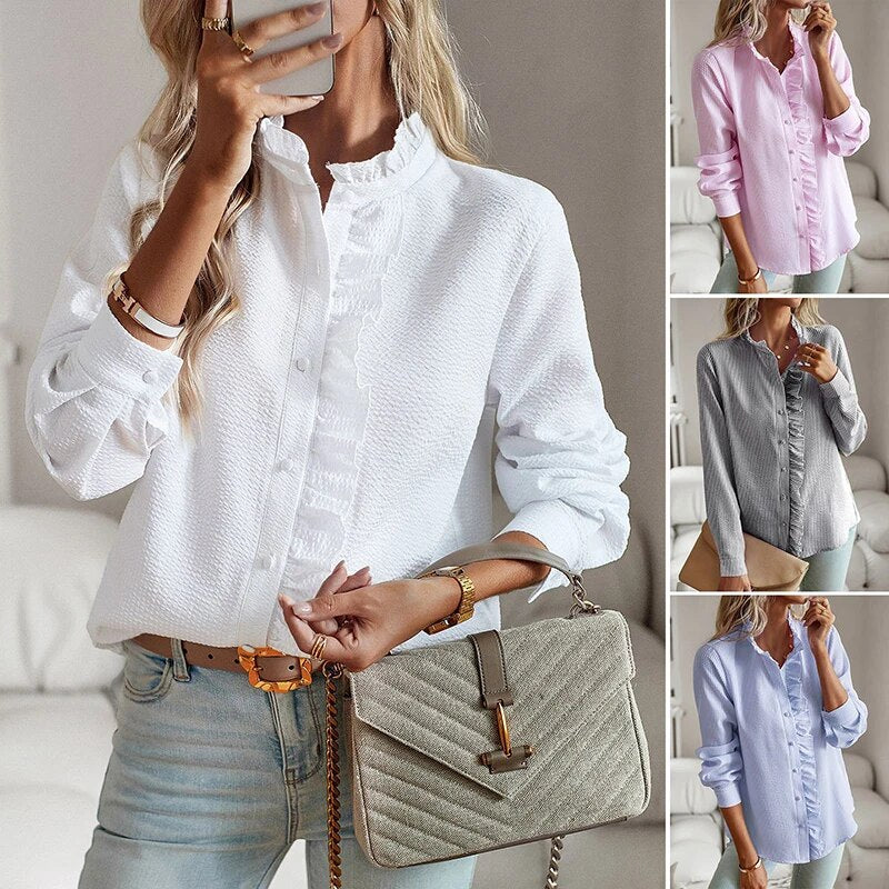 Blusa de mulher elegante e suspensa com pescoço alto