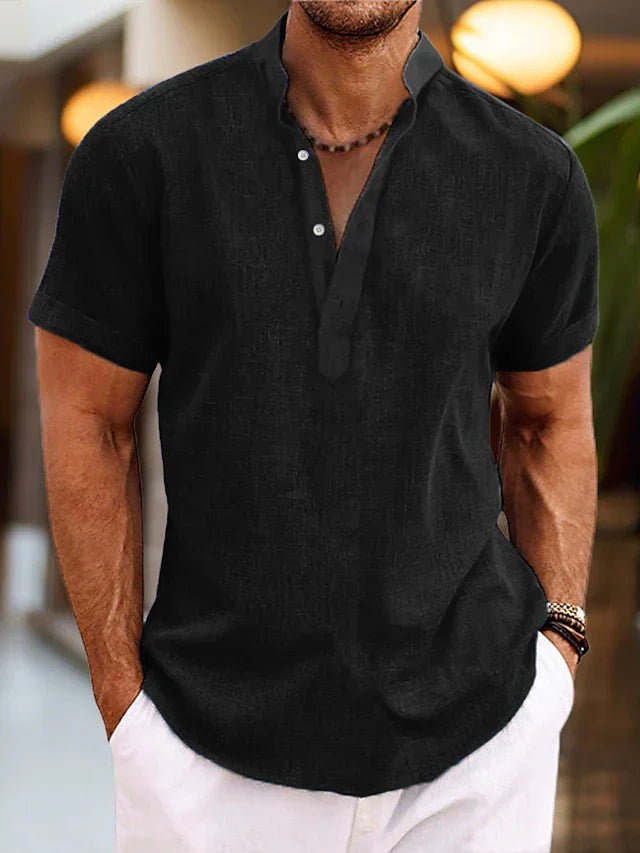 Camisa de lino Silas para hombre - Camisa de verano transpirable con cuello henley y manga corta