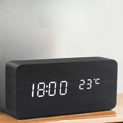 Réveil numérique en bois - écran LED, commande vocale, luminosité réglable