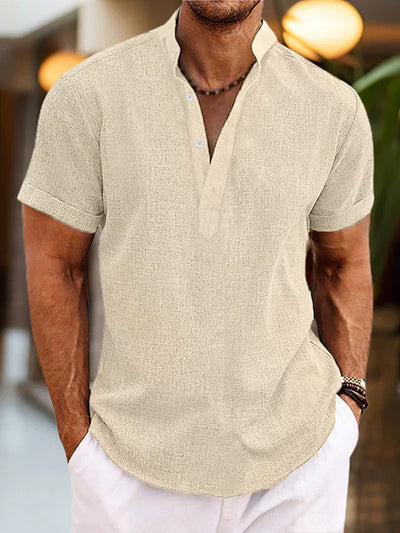 Camisa de lino Silas para hombre - Camisa de verano transpirable con cuello henley y manga corta