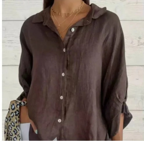 Camisa 100% lino de manga longa pescoço clássico relaxado